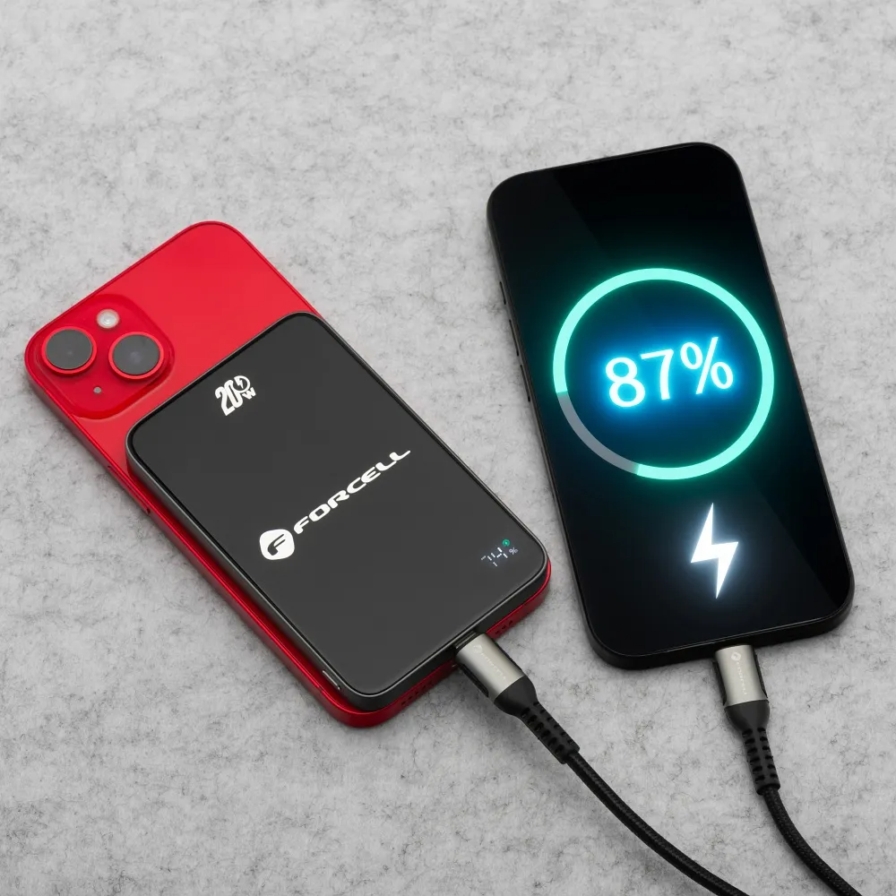 Draadloze Externe Batterij Forcell F5K8, 5000mAh, 15W, PD + FQI, 1 x QI - 1 x USB-C, Zwart