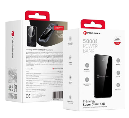 Draadloze Externe Batterij Forcell F5K8, 5000mAh, 15W, PD + FQI, 1 x QI - 1 x USB-C, Zwart