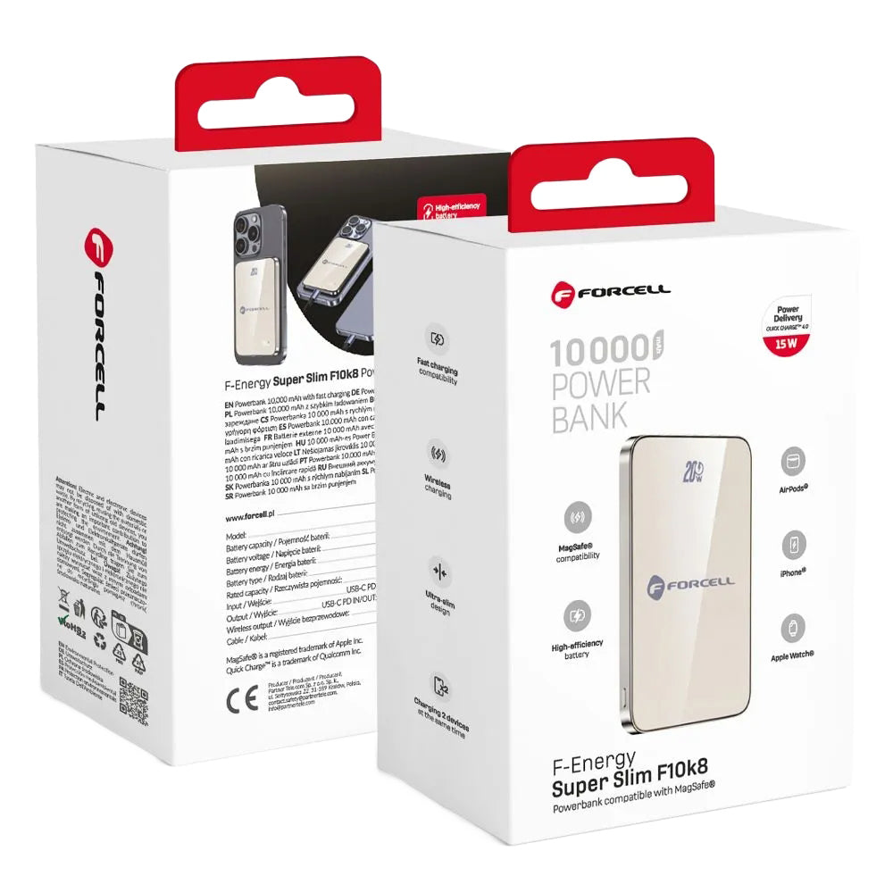 Forcell F10K8 Wireless External Battery, 10000mAh, 15W, PD + FQI, 1 x QI - 1 x USB-C, Gold