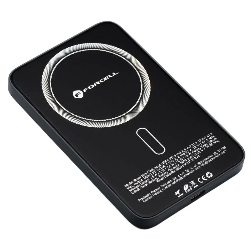 Draadloze Externe Batterij Forcell F5K8, 5000mAh, 15W, PD + FQI, 1 x QI - 1 x USB-C, Zwart