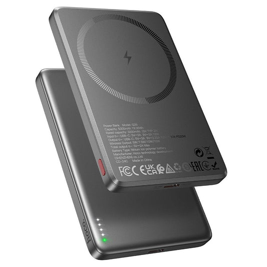 Draadloze Externe Batterij HOCO Q26, 5000mAh, 20W, PD + FQI, 1 x QI - 1 x USB-C, Grijs