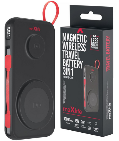 Externe Draadloze Batterij MaXlife MXPB-08, 10000mAh, 22.5W, QC + PD + FQI + QI, 1 x USB-A - 1 x USB-C - 2 x QI, Zwart