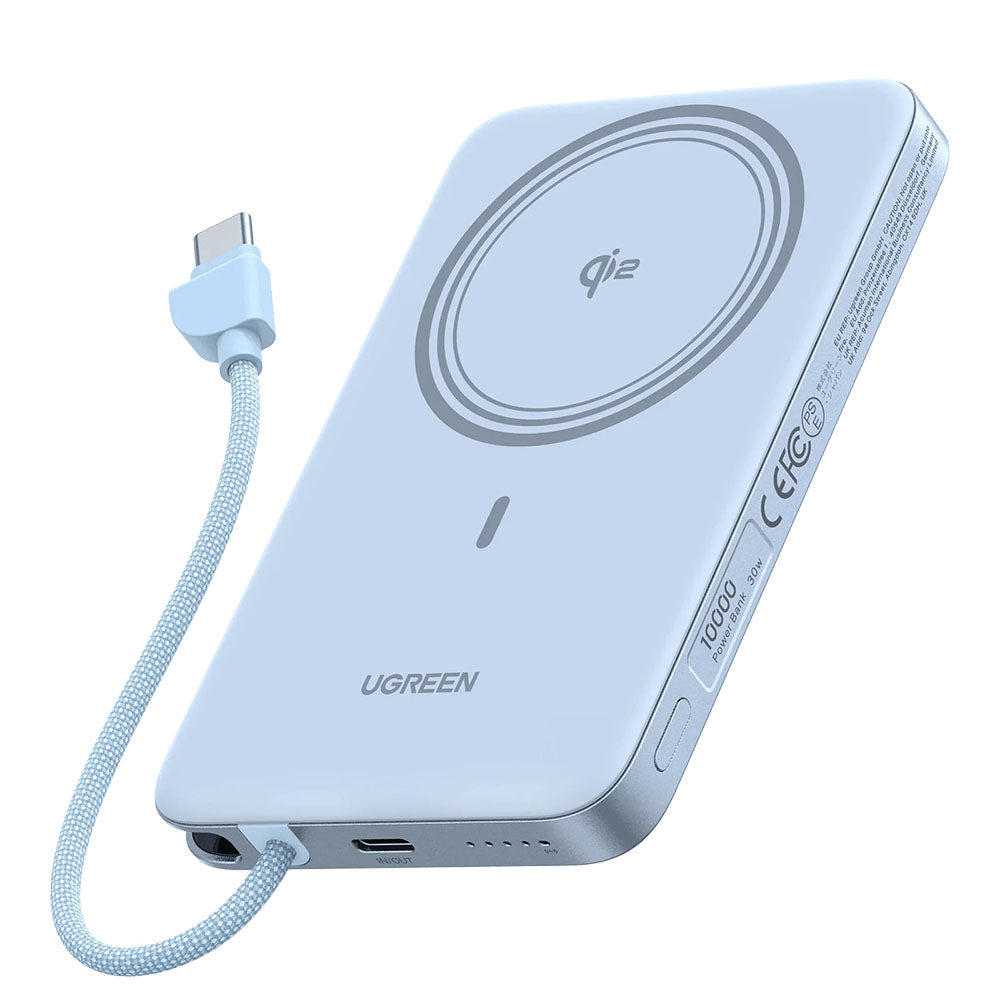 Draadloze powerbank UGREEN PB570 (65839B), 10000 mAh, 30 W, PD + FQI, 1 x Qi - 2 x USB-C, blauw