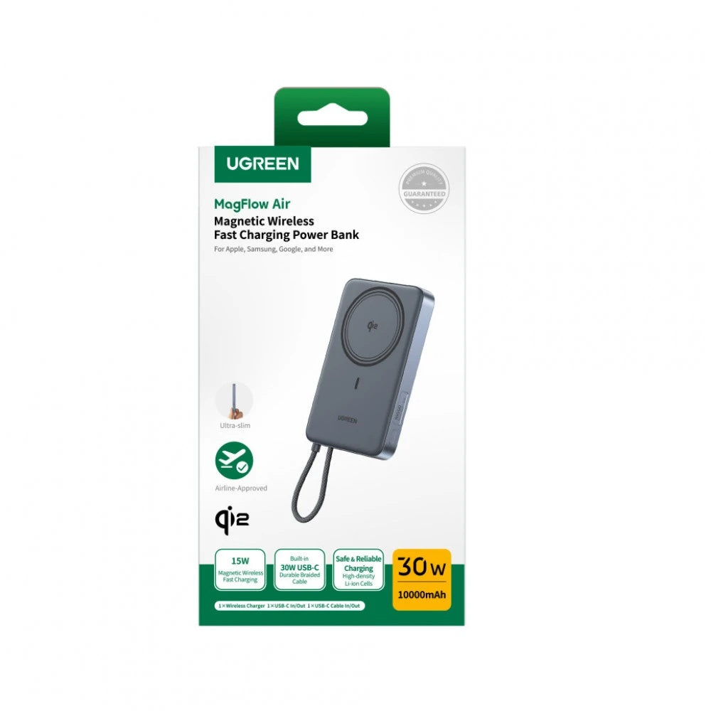 Draadloze powerbank UGREEN PB570 (65839B), 10000 mAh, 30 W, PD + FQI, 1 x Qi - 2 x USB-C, blauw