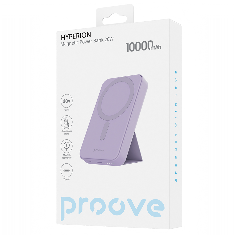Externe Draadloze Batterij Proove Hyperion, 10000mAh, 20W, PD + FQI, 1 x QI - 1 x USB-C, Paars