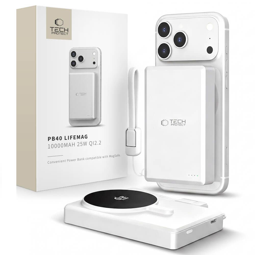 Draadloze Externe Batterij Tech-Protect PB40 LifeMag, 10000mAh, 25W, PD + FQI, 1 x QI - 1 x USB-C, Zilver