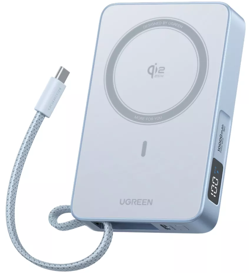 Draadloze Externe Batterij UGREEN MagFlow PB773 (65958), 10000mAh, 25W, PD + FQI, 1 x QI - 2 x USB-C, Blauw