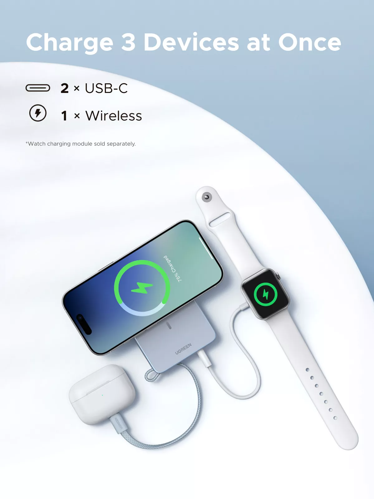 Draadloze Externe Batterij UGREEN MagFlow PB773 (65958), 10000mAh, 25W, PD + FQI, 1 x QI - 2 x USB-C, Blauw