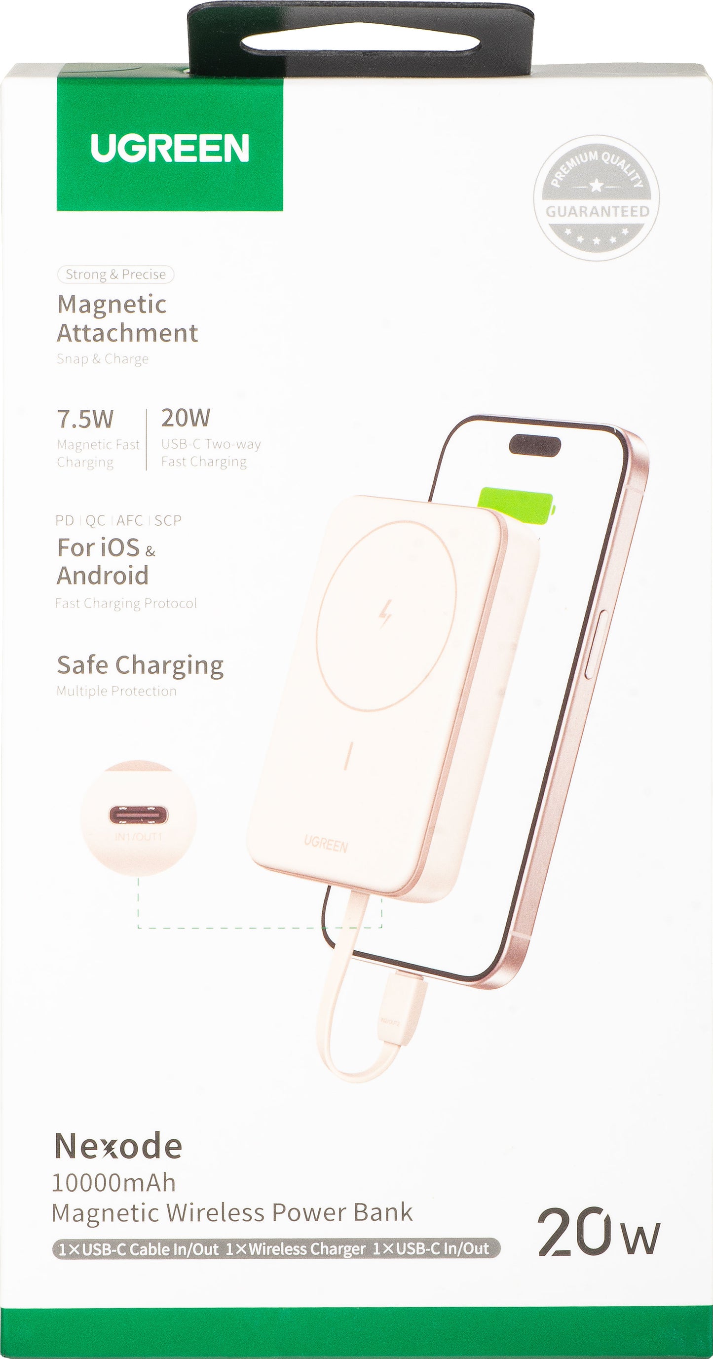 Draadloze Externe Batterij UGREEN PB760, 10000mAh, 20W, PD + FQI, 1 x QI - 1 x USB-C, Beige