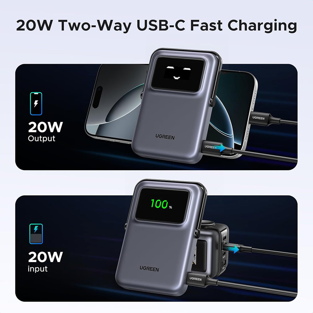 Draadloze Externe Batterij UGREEN PB764 Uno, 10000mAh, 20W, PD + FQI, 1 x QI - 1 x USB-C, Gri