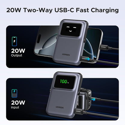 Draadloze Externe Batterij UGREEN PB764 Uno, 10000mAh, 20W, PD + FQI, 1 x QI - 1 x USB-C, Gri