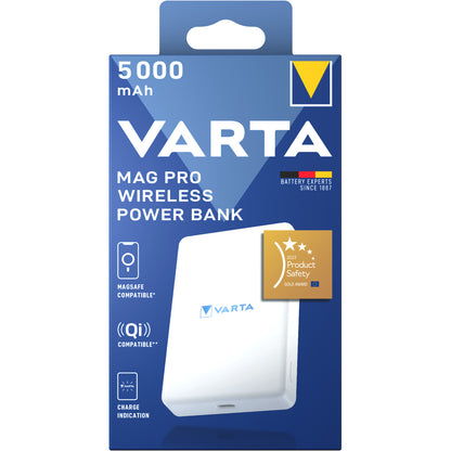 Externe Draadloze Batterij Varta Mag Pro, 5000mAh, 12W, 1 x QI - 1 x USB-C, Wit