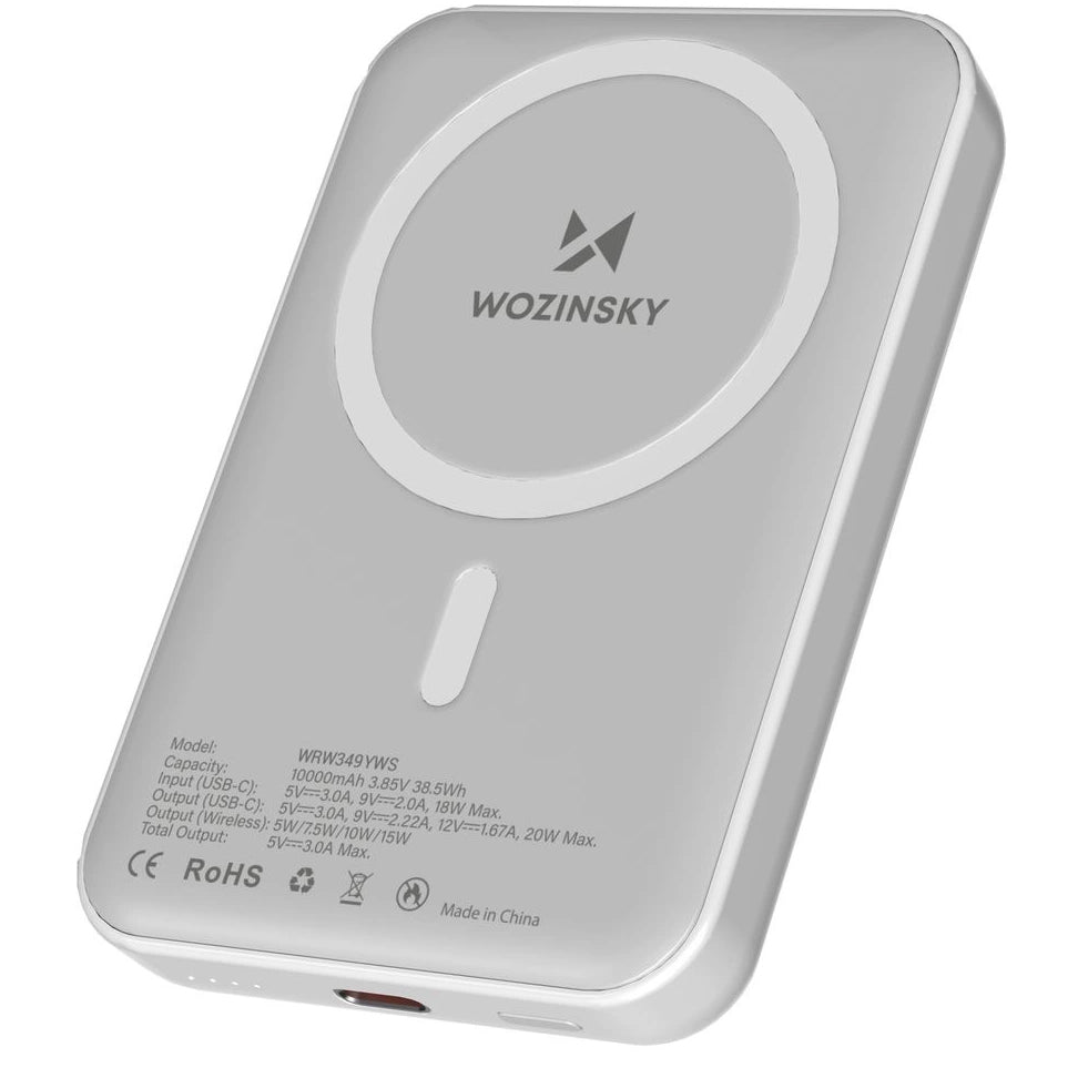 Draadloze Externe Batterij WZK WRW349YWS, 10000mAh, 20W, PD + FQI, 1 x QI - 1 x USB-C, Wit