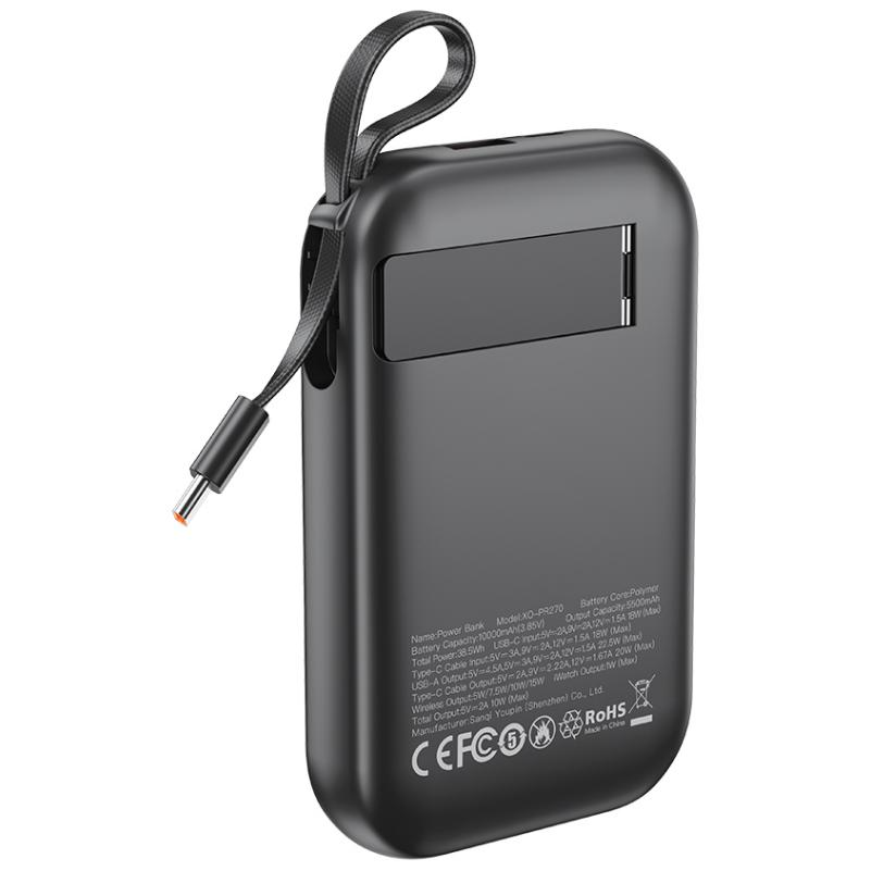 Draadloze Externe Batterij XO Design PR270, 10000mAh, 22.5W, QC + PD + QI, 1 x QI - 1 x USB-A - 1 x USB-C, Zwart