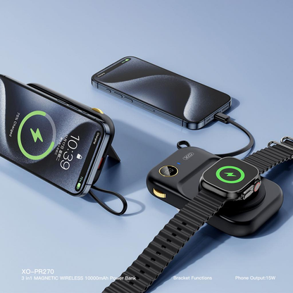 Draadloze Externe Batterij XO Design PR270, 10000mAh, 22.5W, QC + PD + QI, 1 x QI - 1 x USB-A - 1 x USB-C, Zwart