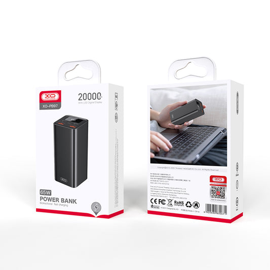 Externe Batterij XO Design PB97, 20000mAh, 65W, QC + PD, 2 x USB-A - 2 x USB-C, Zwart