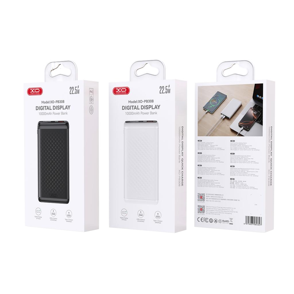 Externe Batterij XO Design PB308, 10000mAh, 22.5W, QC + PD, 1 x USB-A - 1 x USB-C, Zwart