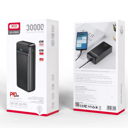 XO Design PR201 External Battery, 30000mAh, 65W, QC + PD, 1 x USB-C - 2 x USB-A, Black