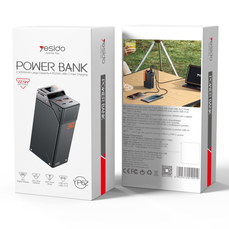 Externe Batterij Yesido YP62, 30000mAh, 22.5W, QC + PD, 2 x USB-A - 2 x USB-C, Zwart