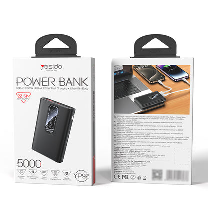 Externe Batterij Yesido YP92, 5000mAh, 22.5W, QC + PD, 1 x USB-A - 1 x USB-C, Zwart