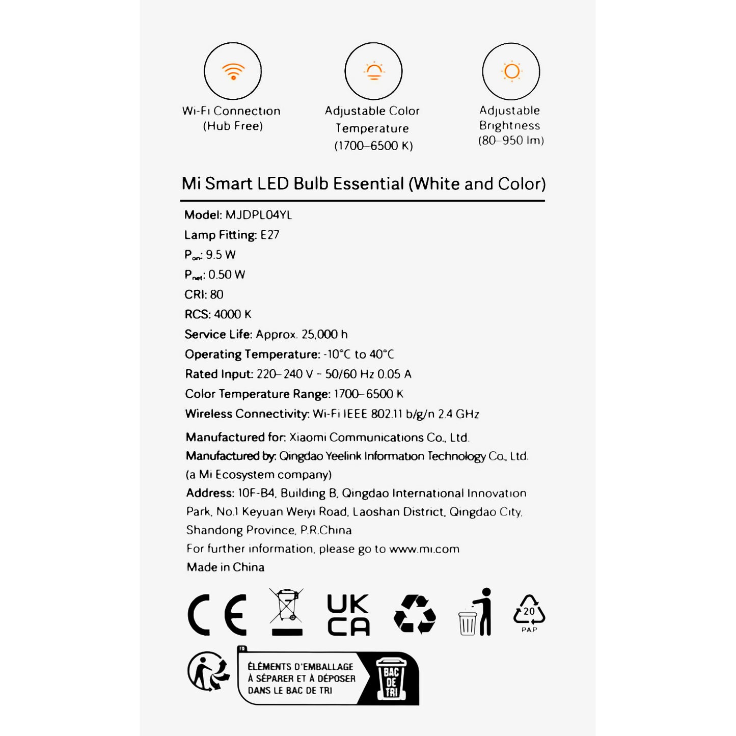 Xiaomi Essential LED-lamp, Wi-Fi, E27, 9W, 1700K - 6500K, 950lm BHR5743EU BHR5743EU 