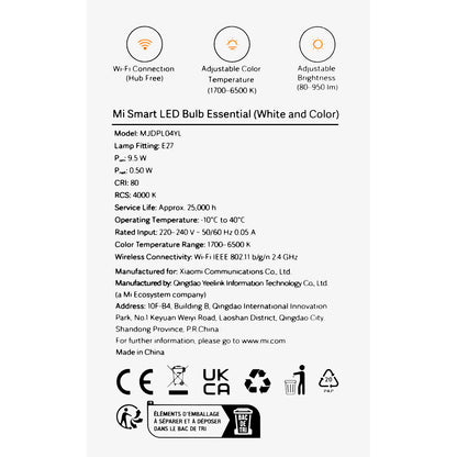 Xiaomi Essential LED-lamp, Wi-Fi, E27, 9W, 1700K - 6500K, 950lm BHR5743EU BHR5743EU 