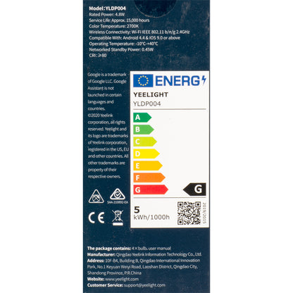 Yeelight W1 LED-lamp, Wi-Fi, GU10, 4.8W, 2700K, 350lm, Set van 4 stuks YLDP004