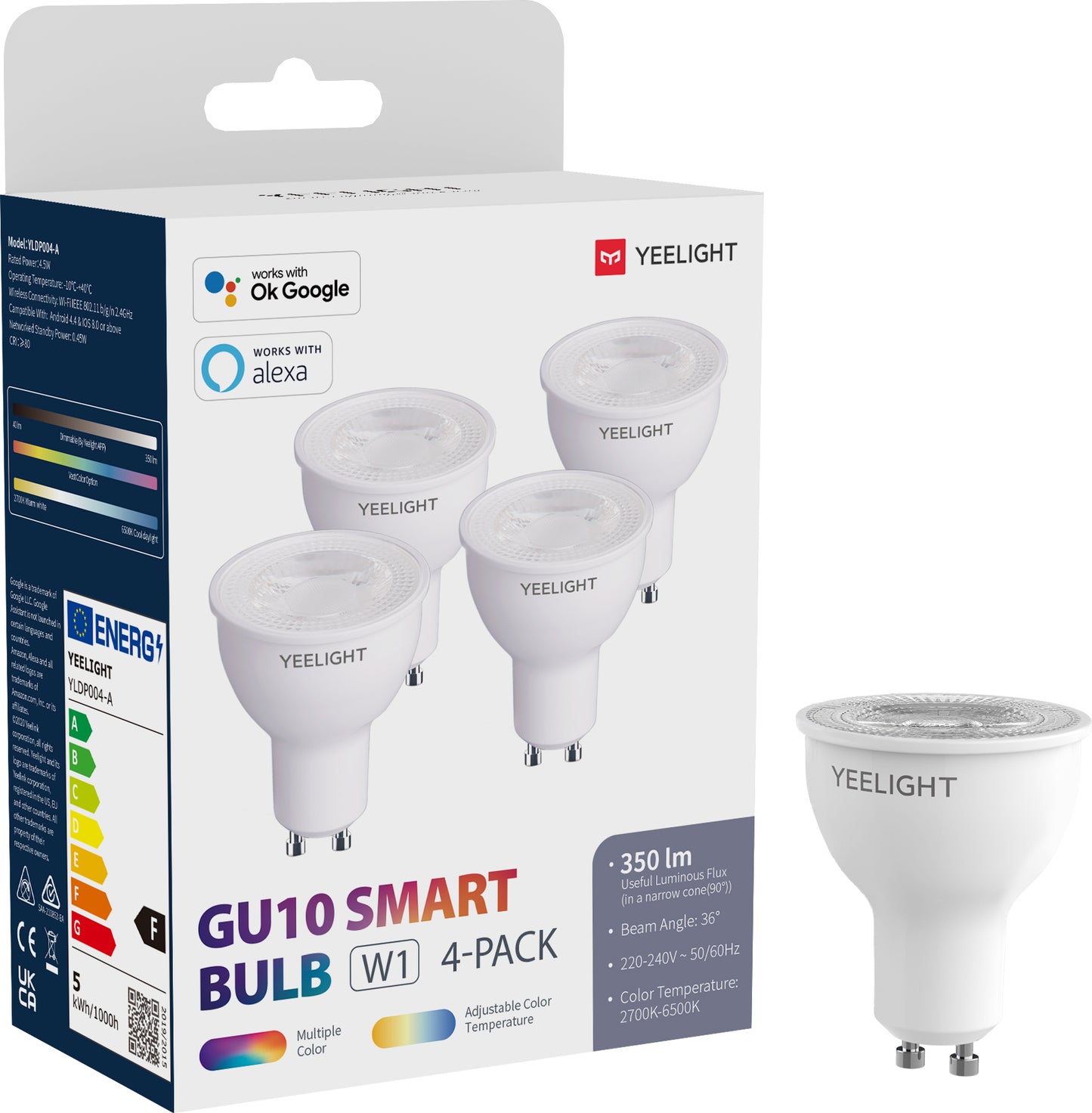 LED-lamp Yeelight W1, Wi-Fi, GU10, 4.5W, 2700K - 6500K, 350lm, Set van 4 stuks, Multicolor YLDP004-A