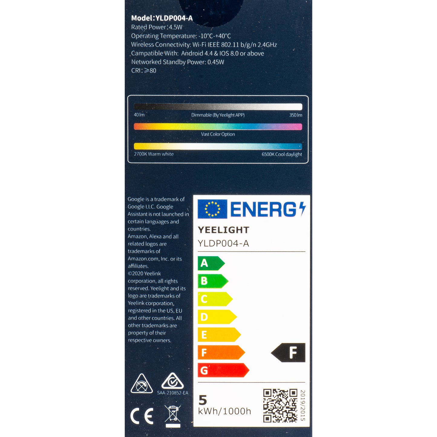 LED-lamp Yeelight W1, Wi-Fi, GU10, 4.5W, 2700K - 6500K, 350lm, Set van 4 stuks, Multicolor YLDP004-A
