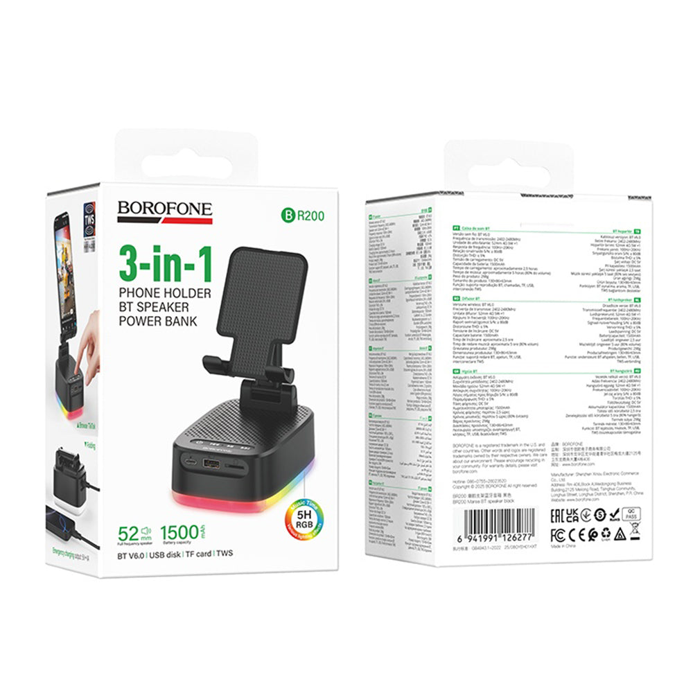 Bluetooth-luidspreker Borofone BR200 Marea 2in1, 5W, TWS, RGB, Zwart