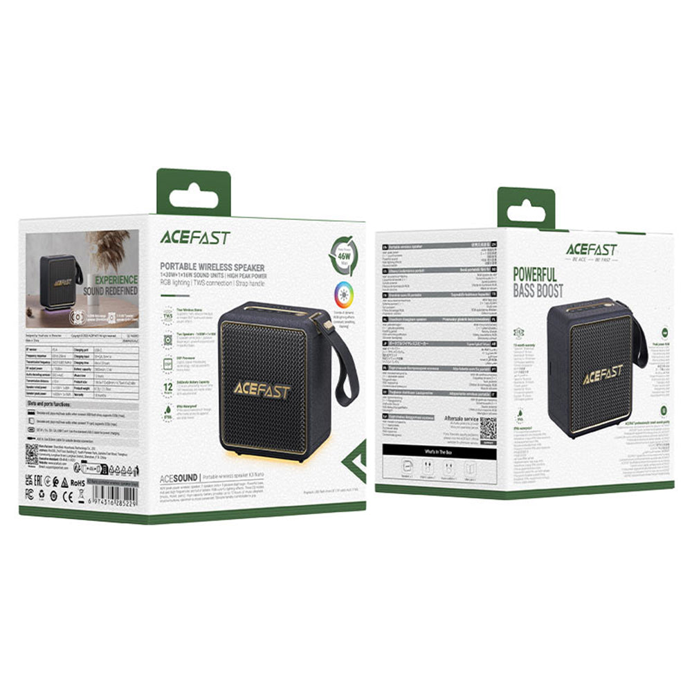 Draagbare Bluetooth Speaker Acefast K3 Nano, 1 x 30W - 1 x 16W, RGB, Waterdicht, Zwart