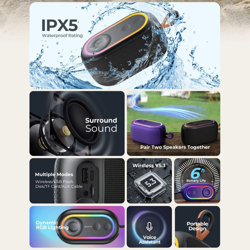 Draagbare Bluetooth Speaker HAVIT SK809BT, 7W, RGB, Waterdicht, Paars