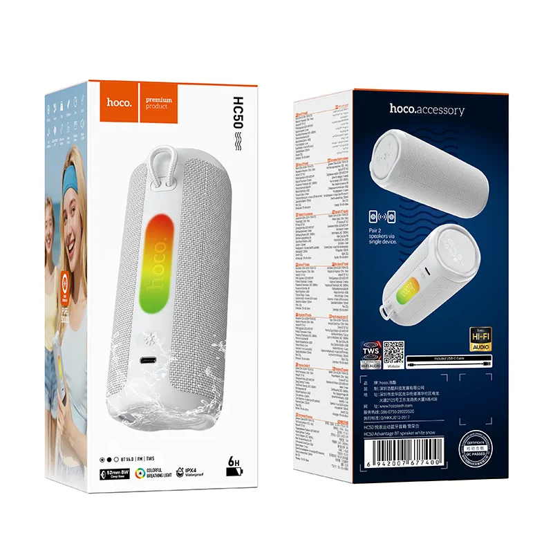 Draagbare Bluetooth Speaker HOCO HC50, 8W, TWS, RGB, Waterdicht, Wit