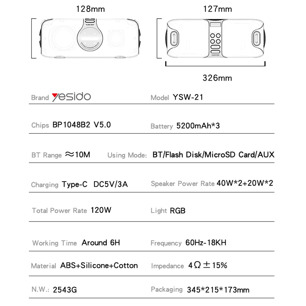 Bluetooth-luidspreker Yesido YSW21 Karaoke, 120W, RGB, Waterdicht, Zwart