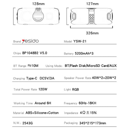Bluetooth-luidspreker Yesido YSW21 Karaoke, 120W, RGB, Waterdicht, Zwart