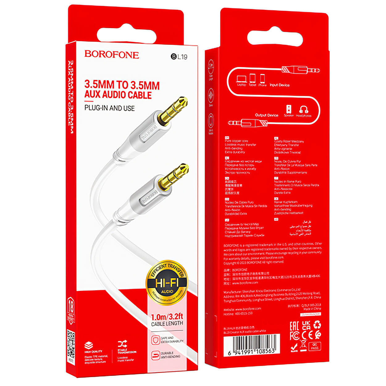 Audio Kabel 3.5mm - 3.5mm Borofone BL19 Creator, 1m, Wit