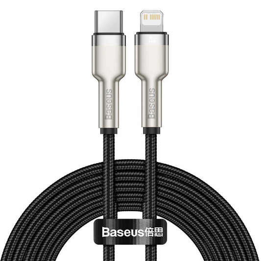 Data- en Oplaadkabel USB-C - Lightning Baseus Cafule Metal Series, 20W, 2m, Zwart CATLJK-B01