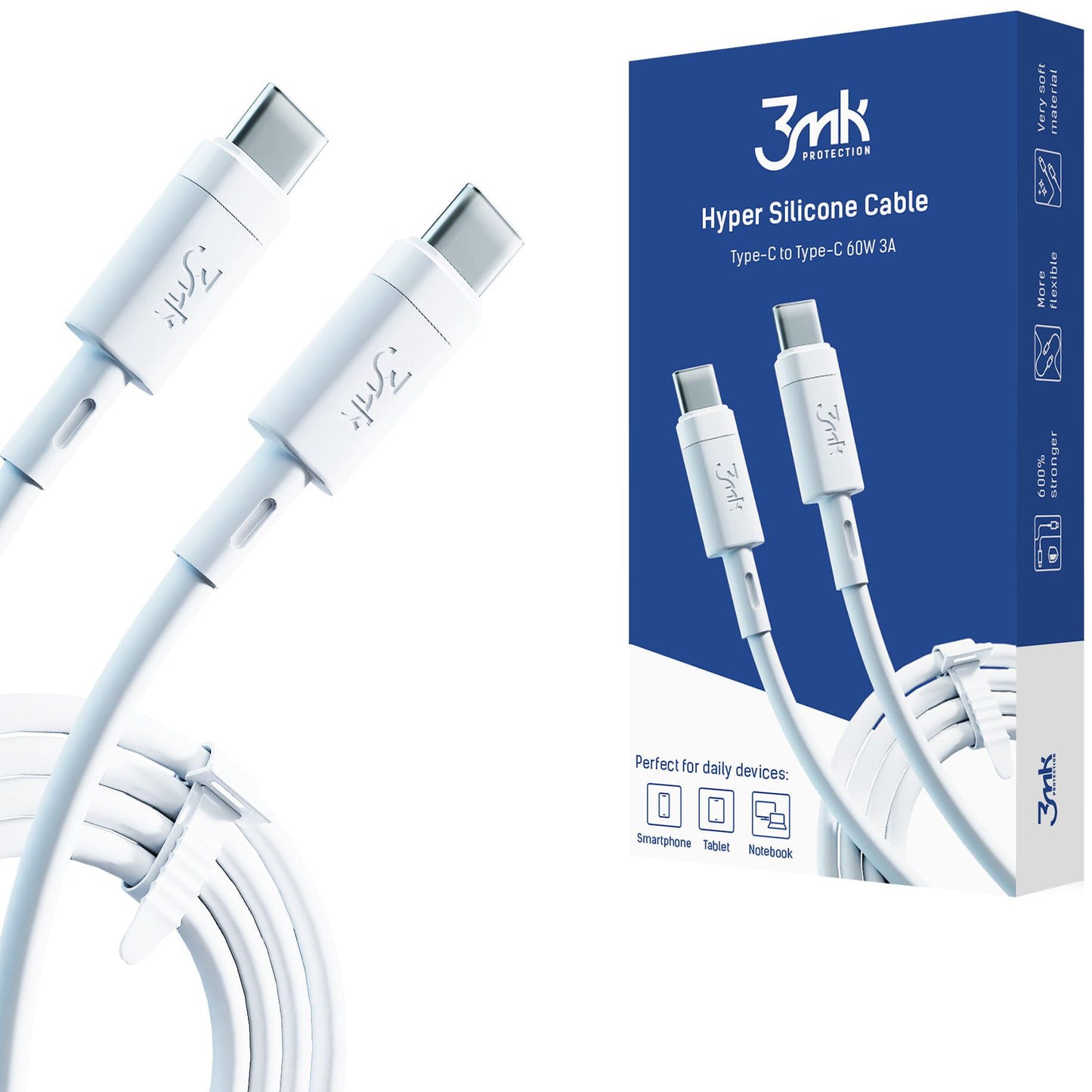 USB-C Data- en Oplaadkabel - USB-C 3MK Hyper Silicone, 60W, 1m, Wit