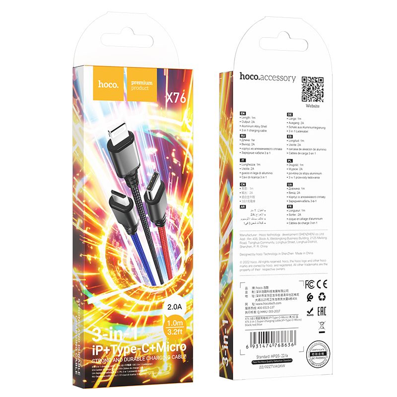 USB-A oplaadkabel - Lightning / microUSB / USB-C HOCO X76 3in1, 18W, 1m, Multicolor