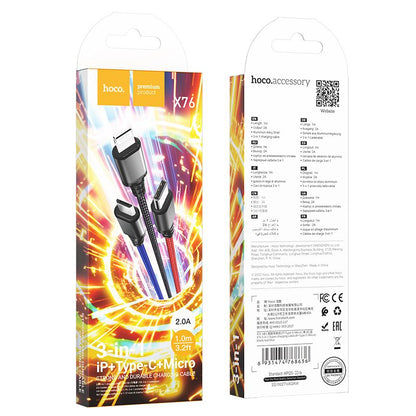 USB-A oplaadkabel - Lightning / microUSB / USB-C HOCO X76 3in1, 18W, 1m, Multicolor