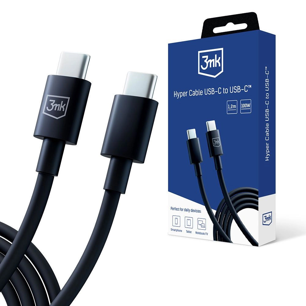 USB-C Data- en Oplaadkabel - USB-C 3MK Hyper, 100W, 1.2m, Zwart