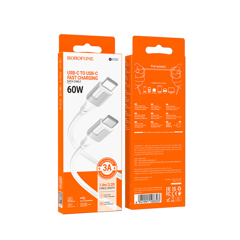 USB-C Data en Oplaadkabel - USB-C Borofone BX101 Creator, 60W, 1m, Wit