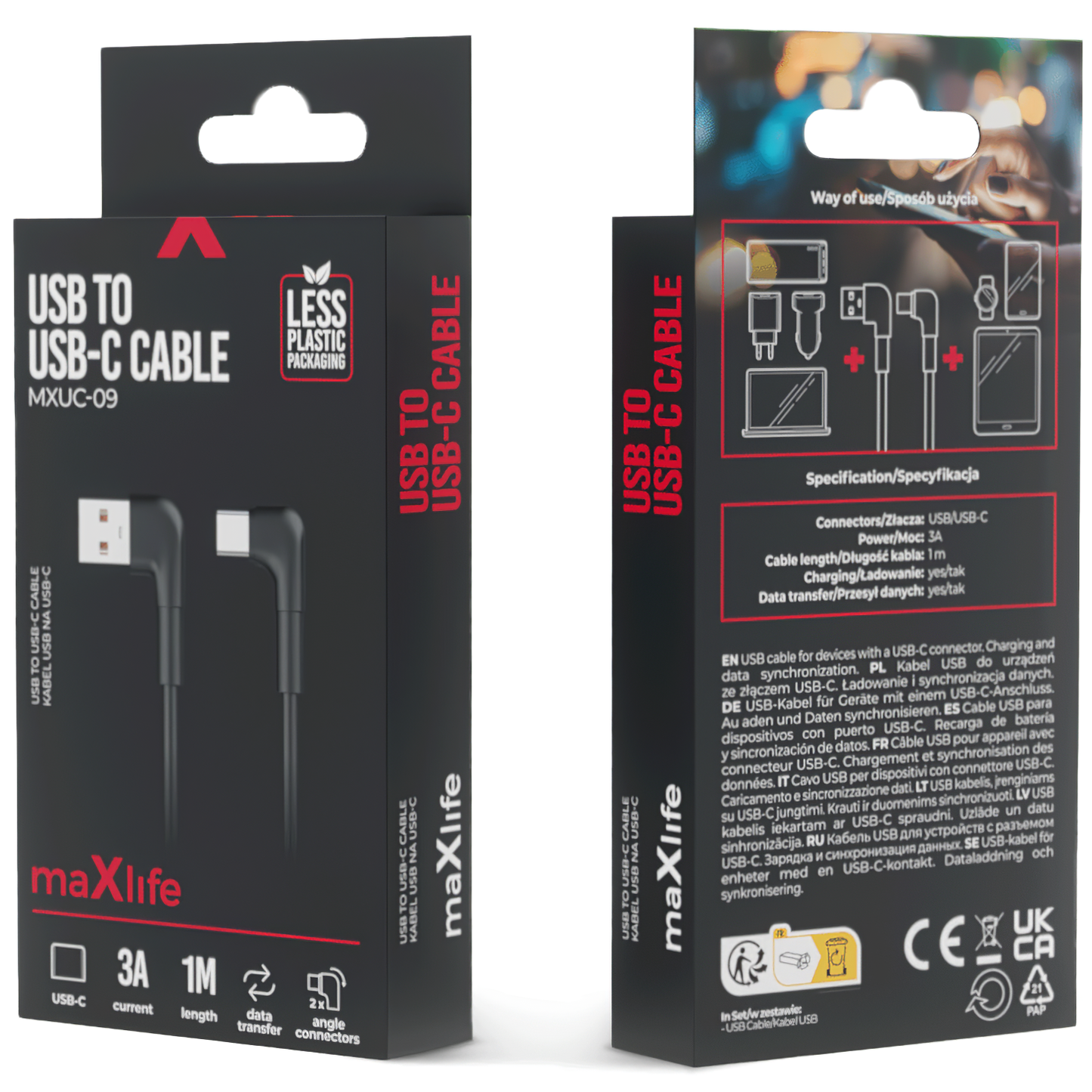 USB-A - USB-C Data and Charging Cable MaXlife MXUC-09 Angled, 60W, 1m, Black