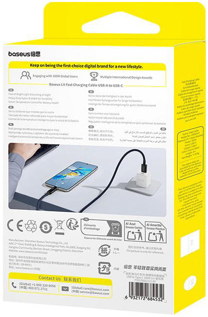 Data- en Oplaadkabel USB-A - USB-C Baseus Lit Button Control, 100W, 1m, Zwart P10379002121-00