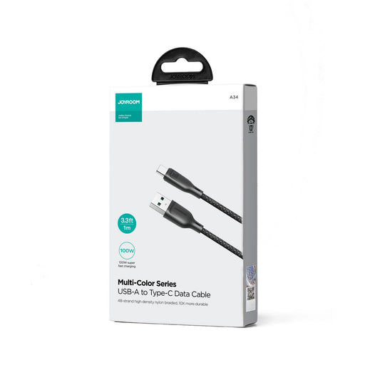 Data- en Oplaadkabel USB-A - USB-C Joyroom Multi-Color S-A34, 100W, 1m, Zwart