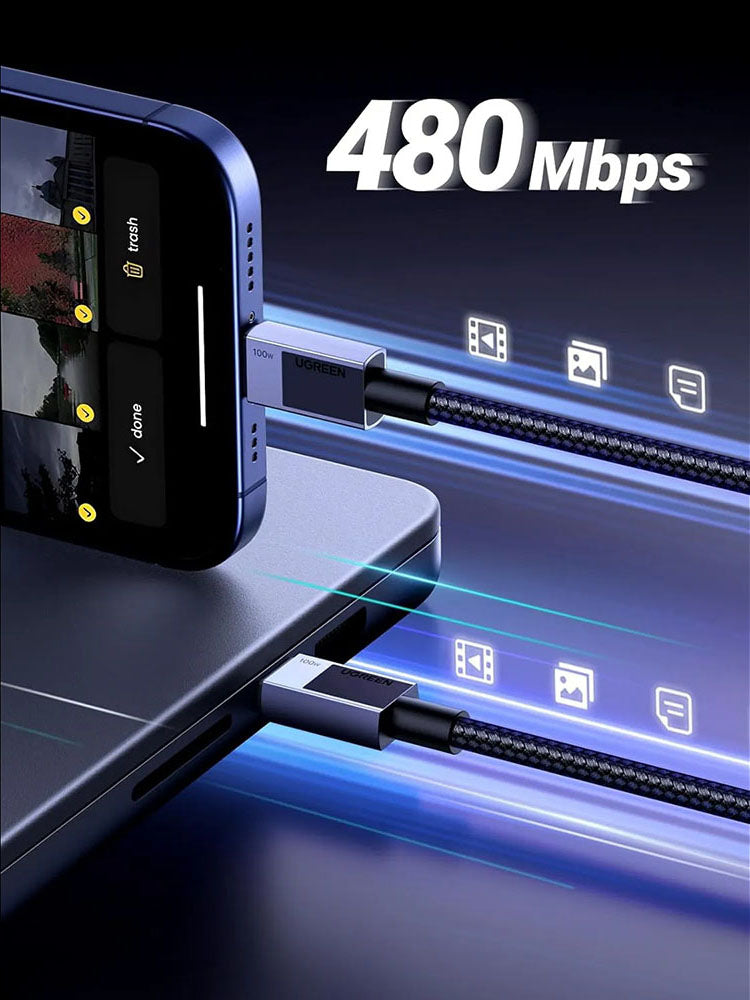 USB-C Data- en Oplaadkabel - USB-C UGREEN L512, 100W, 0.5m, Gri