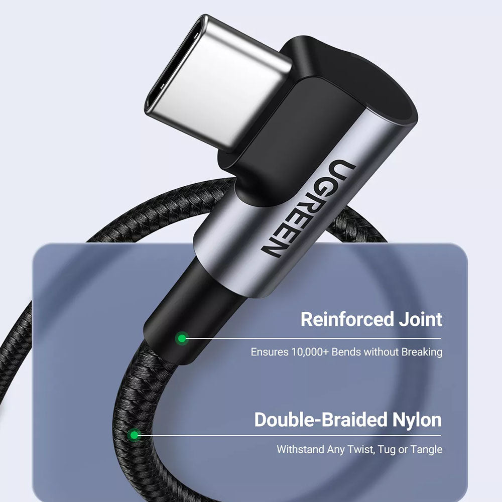 USB-C Data- en Oplaadkabel - USB-C UGREEN US335 Angled, 100W, 2m, Zwart
