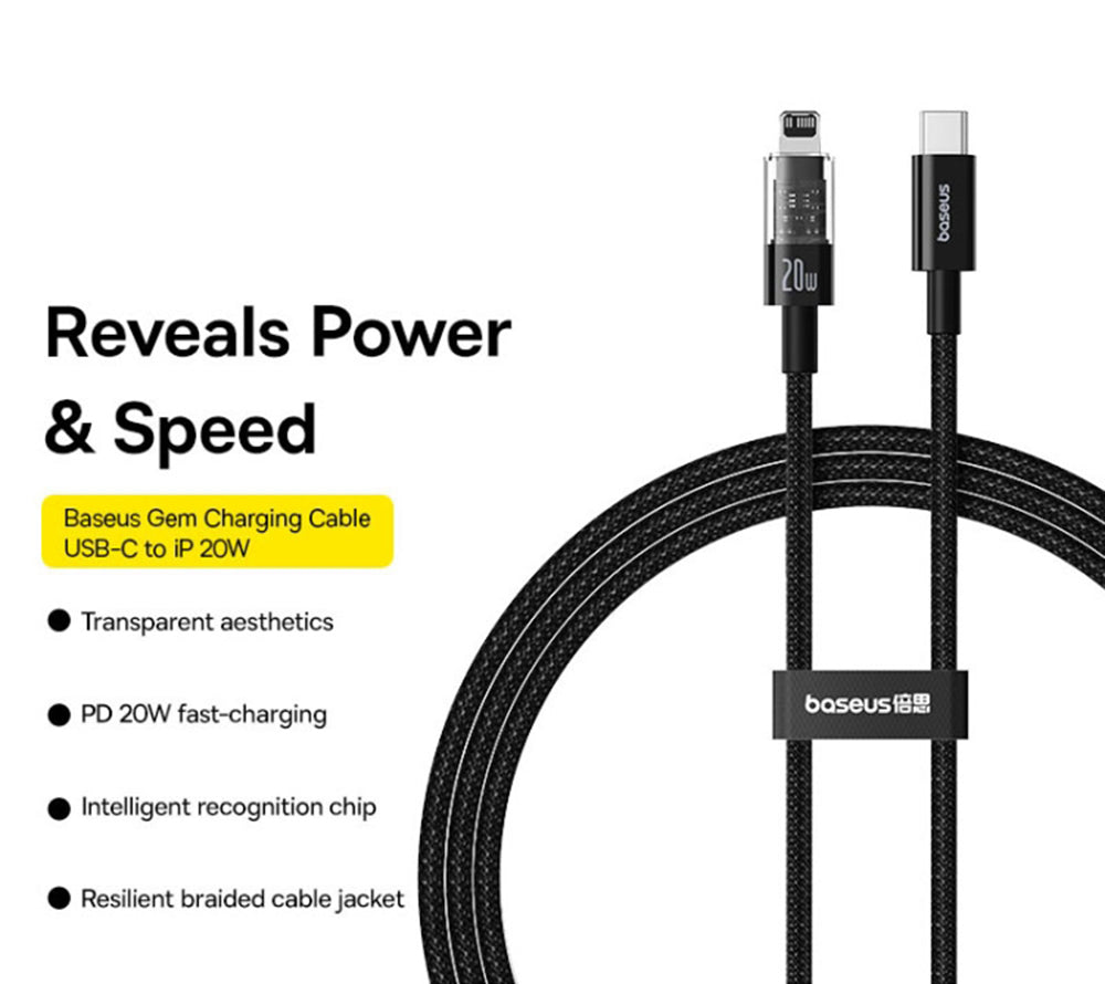 USB-C - Lightning Data en Oplaadkabel Baseus Gem, 20W, 2m, Zwart P10373001111-01