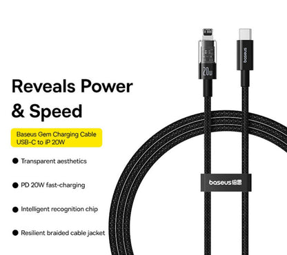 USB-C - Lightning Data en Oplaadkabel Baseus Gem, 20W, 2m, Zwart P10373001111-01