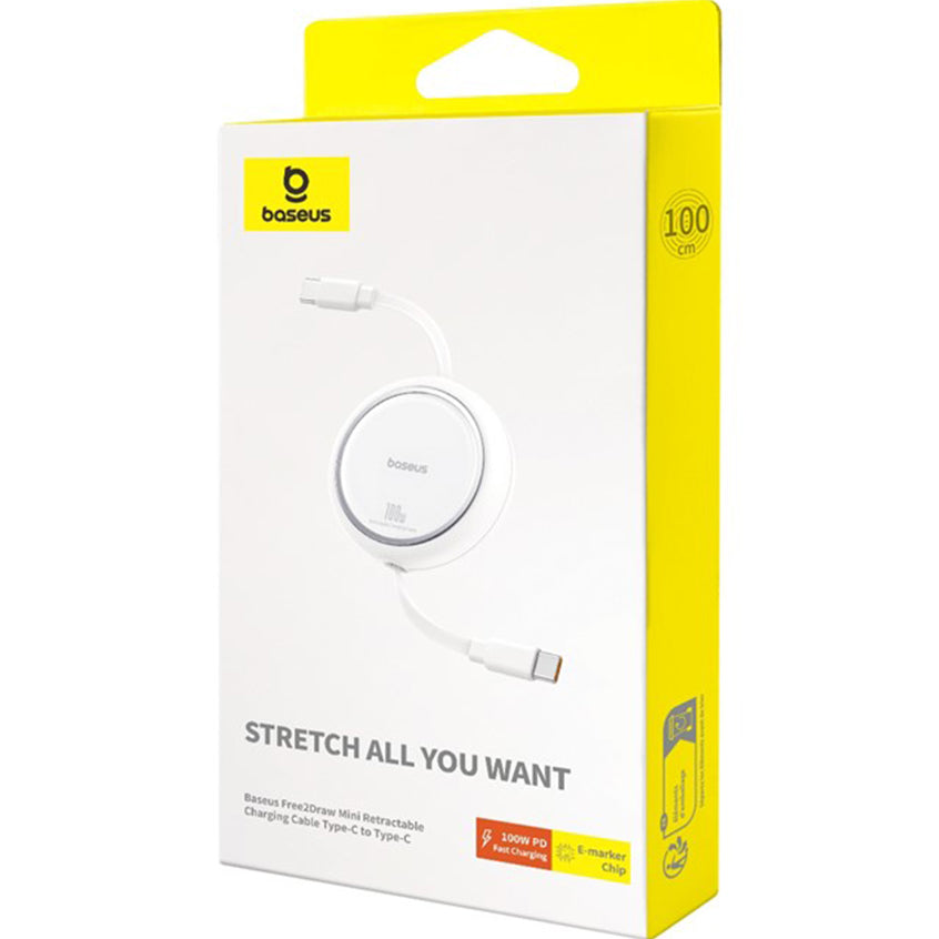 USB-C Data- en Oplaadkabel - USB-C Baseus Free2Draw Mini Retractable, 100W, 1m, Wit P10364500211-00